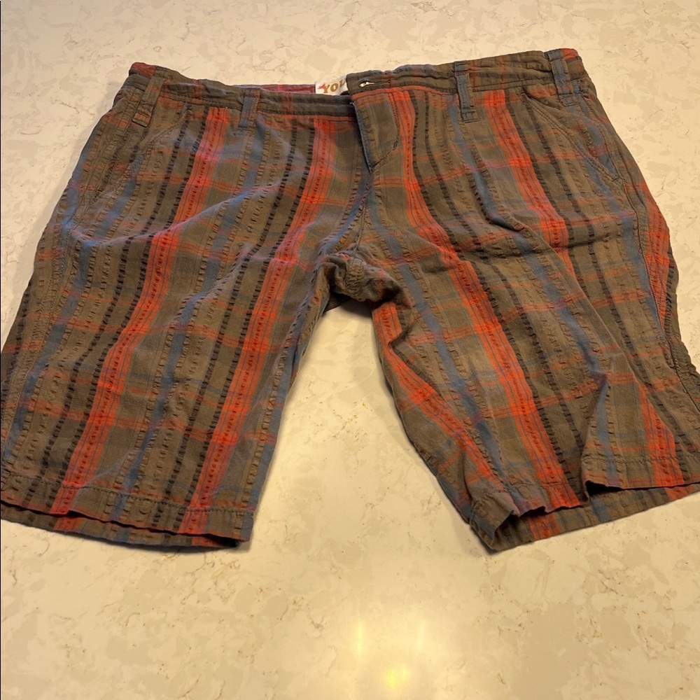 Younique Brown Plaid Flat Front Men's Shorts with Red & Blue Stripes